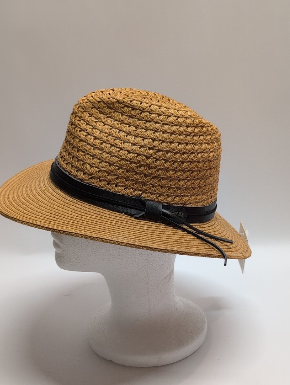 Women's Tan Straw Fedora with Black Band Size Small - Picture 2 of 6